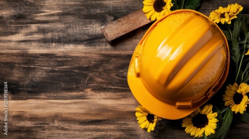 Yellow Hard Hat with Sunflowers on Rustic Wooden Background