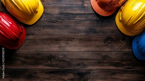 Colorful Hard Hats on Dark Wooden Background with Copy Space