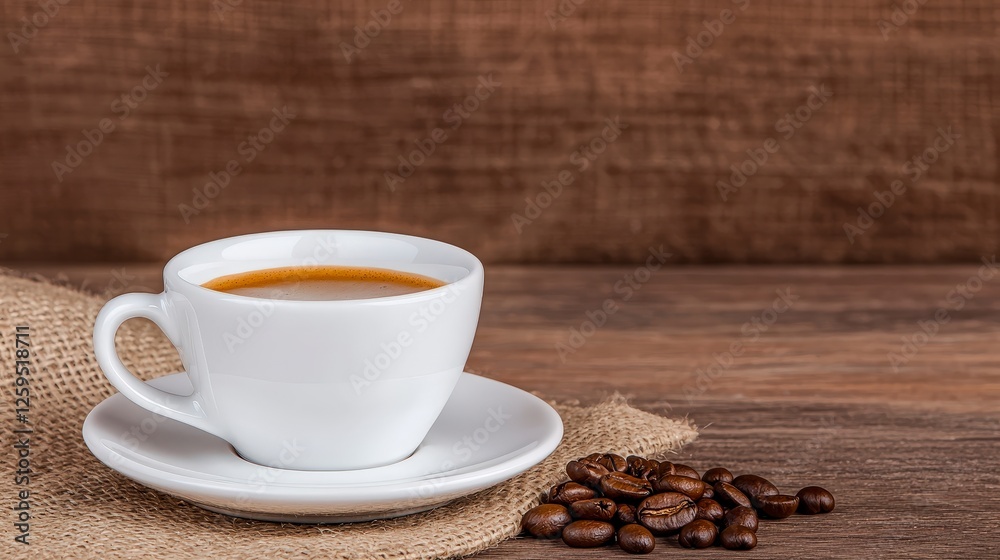 Freshly Brewed Coffee in a White Cup on Rustic Wooden Table Freshly Brewed Coffee in a White Cup on Rustic Wooden Table