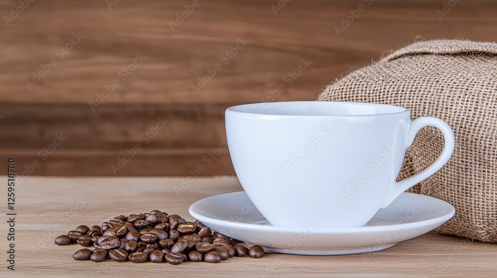 White Coffee Cup with Coffee Beans and Burlap Bag on Wooden Table White Coffee Cup with Coffee Beans and Burlap Bag on Wooden Table