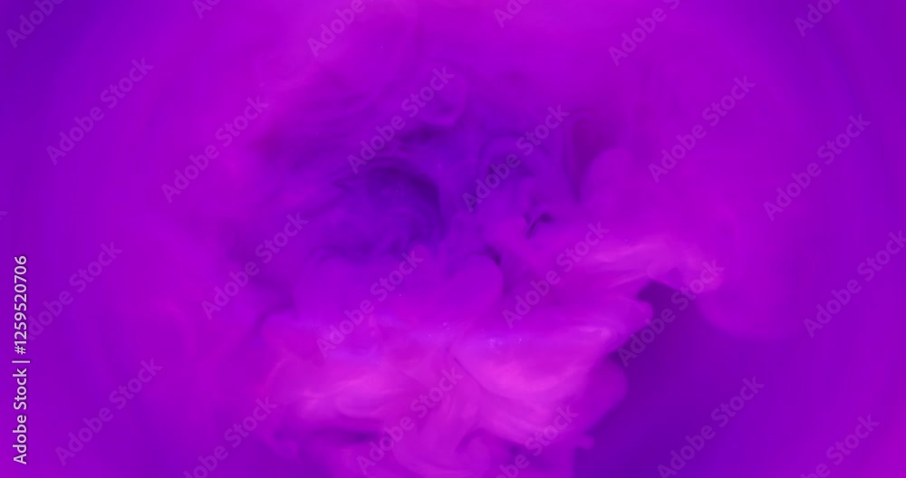 Bright fume. Purple smoke. Glossy color spill paint pigment dissolving in water. Round defocused tunnel lens neon light abstract background.