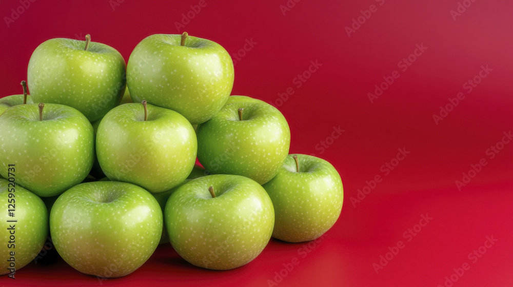 Fresh green apples stacked on vibrant red background create striking visual Fresh green apples stacked on vibrant red background create striking visual