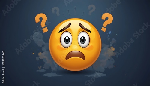 Worried Emoticon with Question Marks Surrounding It, Confused and Uncertain Face Expression