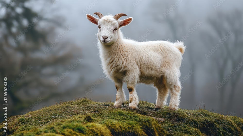 Obraz premium A white goat with horns standing on a grassy hill