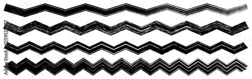 White thick and thin zig zag lines on black background. Zig zag print with distress texture. Painted ornament for kids Horizontal vector geometric brush strokes. Vector illustration.
