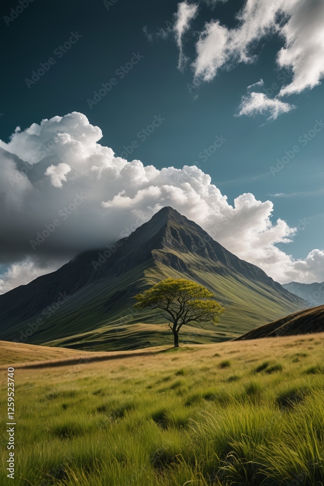 Fototapeta premium there is a lone tree in a grassy field with a mountain in the background