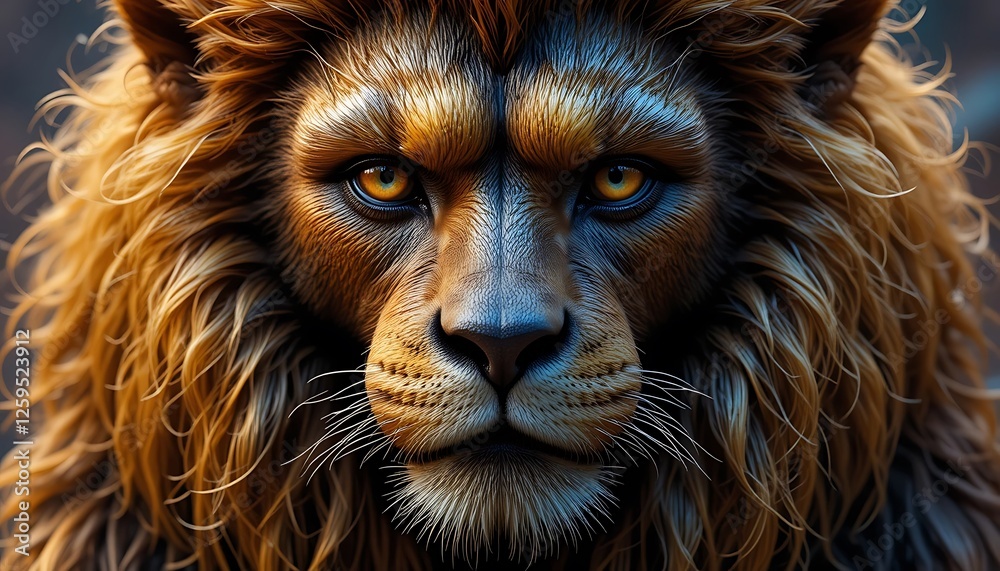 Fototapeta premium Majestic Golden Lion Close-Up: Intense Gaze, Detailed Fur, Powerful Predator, Wildlife Photography