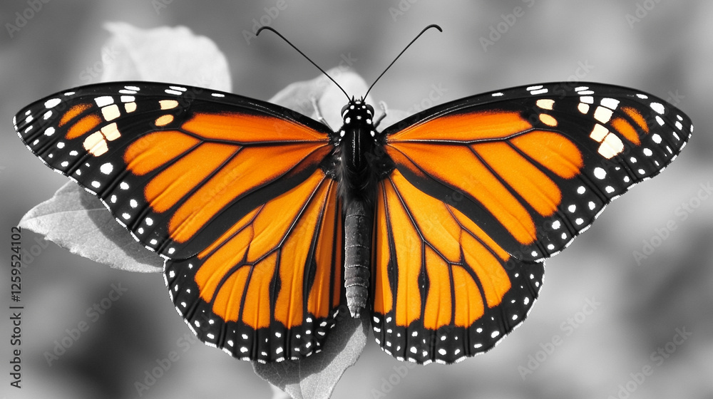 Fototapeta premium A vibrant Monarch butterfly sits gently on a leaf, its bright colors standing out against a striking monochrome background, symbolizing beauty, transformation, and the contrast between life and stilln