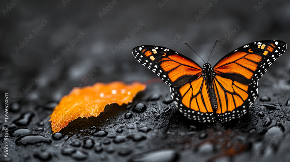 A vibrant Monarch butterfly sits gently on a leaf, its bright colors standing out against a striking monochrome background, symbolizing beauty, transformation, and the contrast between life and stilln A vibrant Monarch butterfly sits gently on a leaf, its bright colors standing out against a striking monochrome background, symbolizing beauty, transformation, and the contrast between life and stilln