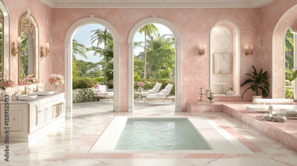 Fototapeta premium A luxurious spa setting with pink and white marble, elegant lighting, and floral accents.