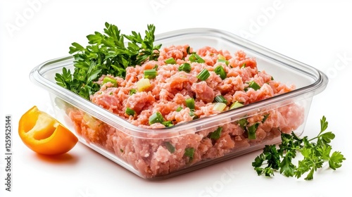 A fresh serving of minced meat mixed with herbs, presented in a clear container alongside a slice of orange for a colorful touch.