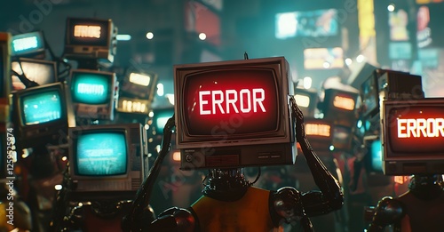 Surreal Cyberpunk Cityscape A Crowd of Robots with Television Heads Displaying Error Messages photo