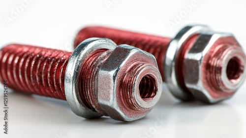 Close-up of Two Red Coated Bolts with Washers photo