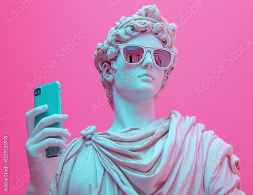 A statue of a man holding a cell phone
