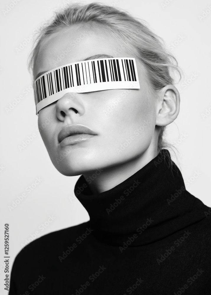 beautiful young woman with a barcode on the eyes. black and white portrait