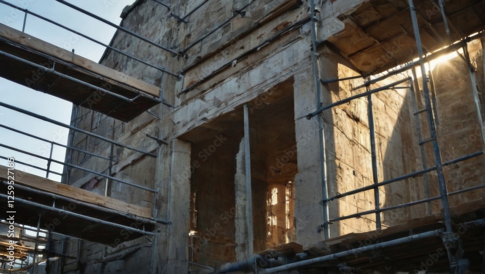 Sunlit Construction Site with Metal Scaffolding on Old Building and Stone Facade Progress and Development Concept Sunlit Construction Site with Metal Scaffolding on Old Building and Stone Facade Progress and Development Concept