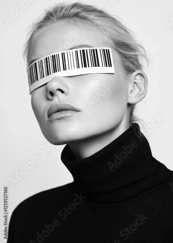 Obraz na płótnie beautiful young woman with a barcode on the eyes. black and white portrait w salonie