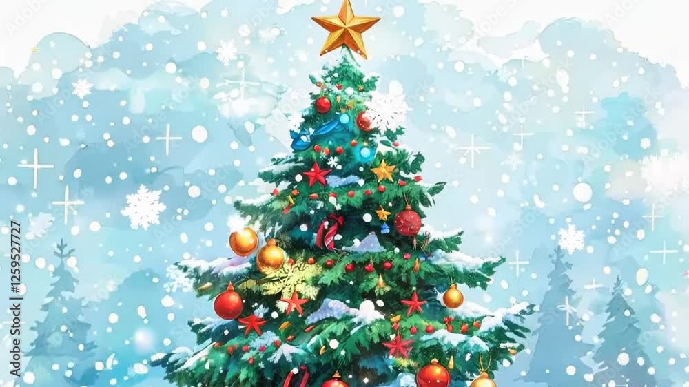 Festive animation of a decorated Christmas tree with gentle snowfall, set against a white isolated background, evoking holiday cheer and winter magic. Festive animation of a decorated Christmas tree with gentle snowfall, set against a white isolated background, evoking holiday cheer and winter magic.