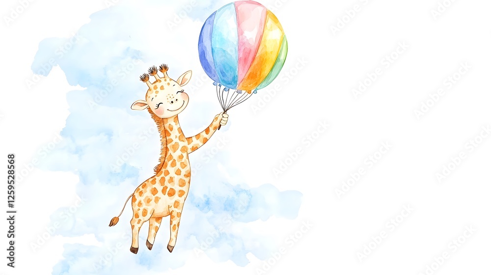 Obraz premium Watercolor illustration of a giraffe flying with a colorful balloon