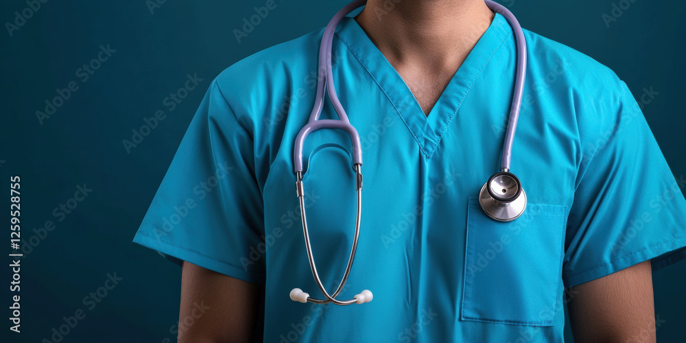 A healthcare professional is wearing a blue scrub uniform with a stethoscope around their neck against a solid background. A healthcare professional is wearing a blue scrub uniform with a stethoscope around their neck against a solid background.