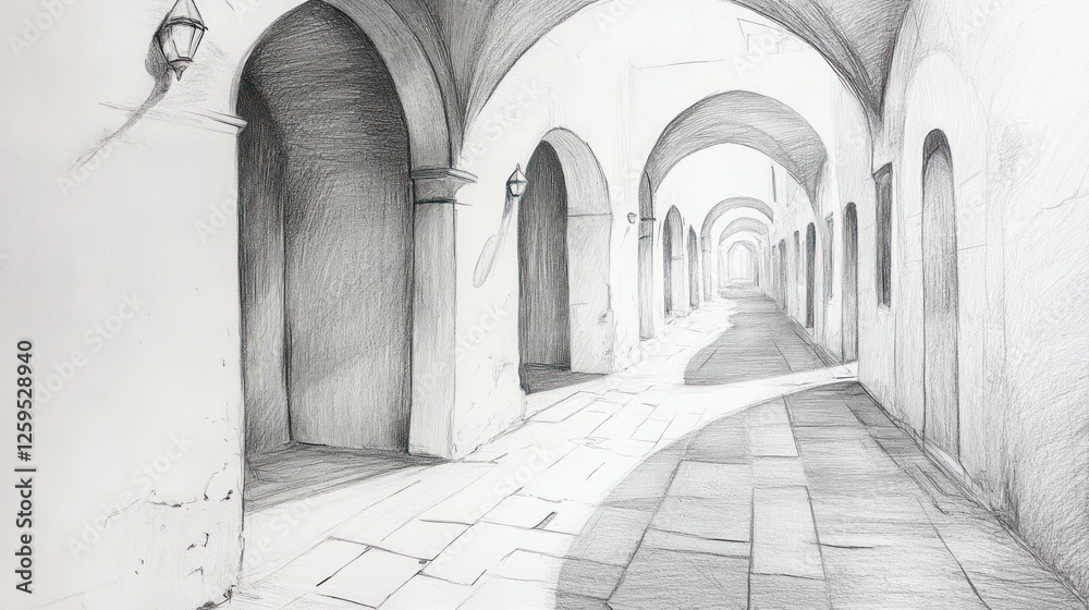 Pencil sketch Arched alleyway, sunlight, cobblestones, architectural detail, travel brochure Pencil sketch Arched alleyway, sunlight, cobblestones, architectural detail, travel brochure
