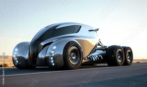 Futuristic Vehicle Design: Sleek, Chrome Concept Car Drives on Asphalt Road at Sunset