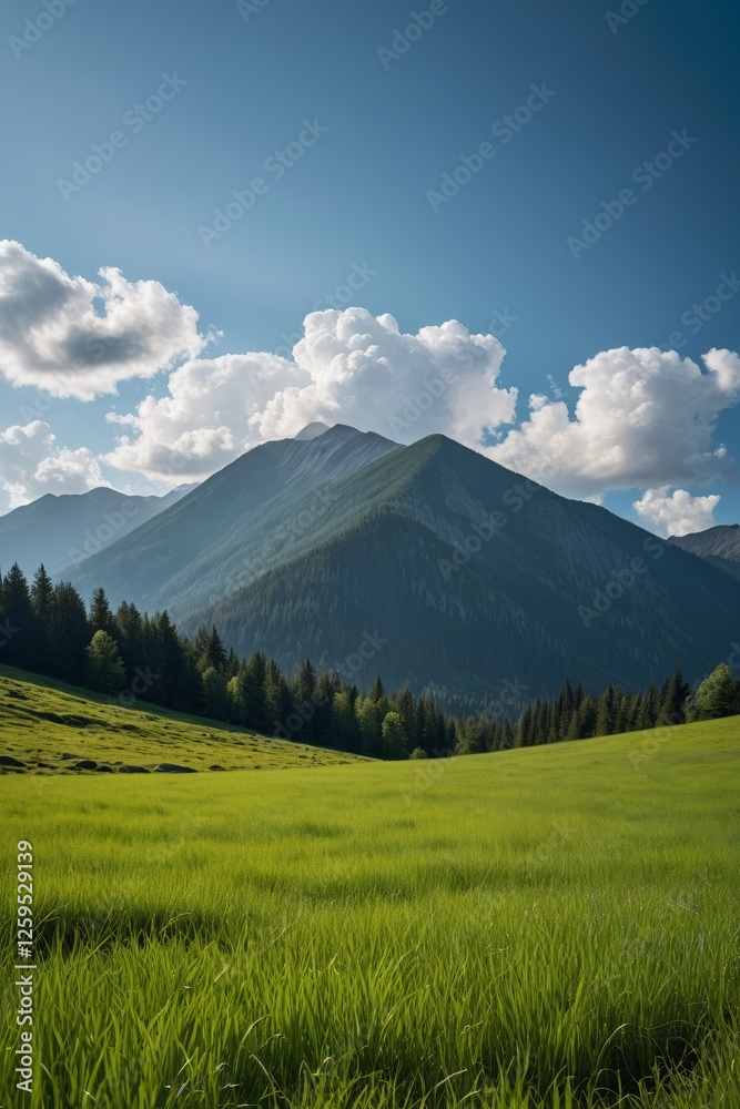 grassy field with mountains in the background and a blue sky grassy field with mountains in the background and a blue sky