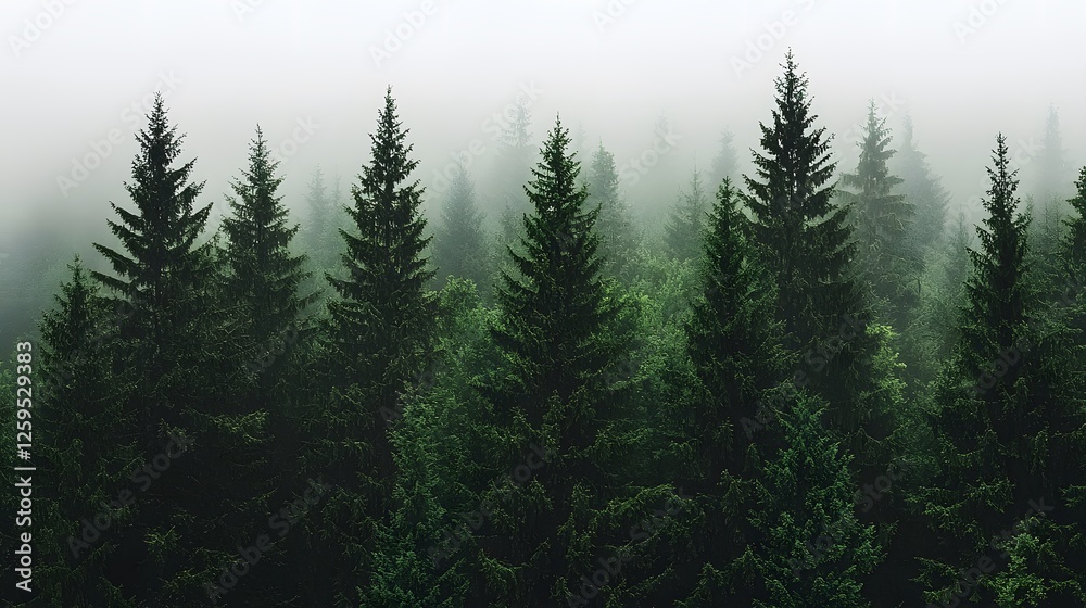 Fototapeta premium Lush Evergreen Forest Shrouded in Mysterious Morning Fog
