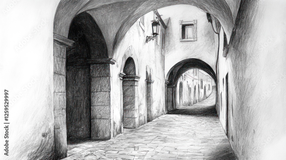 Pencil sketch, arched alleyway, Italian town, cobblestones, background buildings Pencil sketch, arched alleyway, Italian town, cobblestones, background buildings