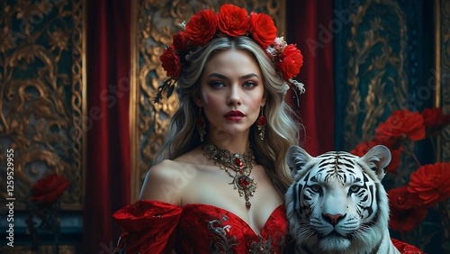 Majestic Queen in Red Dress with White Tiger