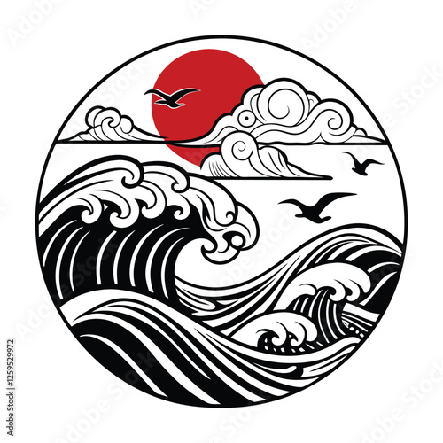 Minimalist vector design elements represent Asian sunsets and ocean culture 