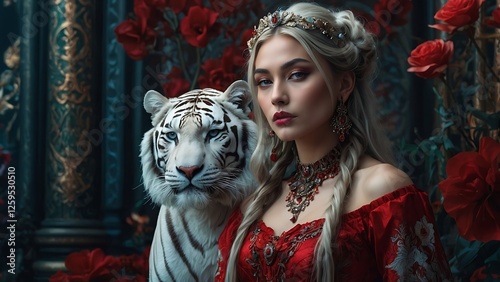 Elegant Woman in Red Gown with a White Tiger Surrounded by Roses