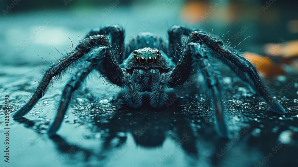 A close-up of a blue spider on a wet surface A close-up of a blue spider on a wet surface