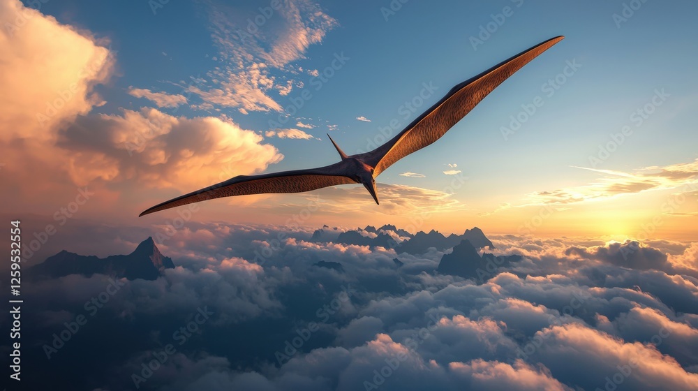 Obraz premium Pterodactyl shadow soaring through clouds over jagged mountains