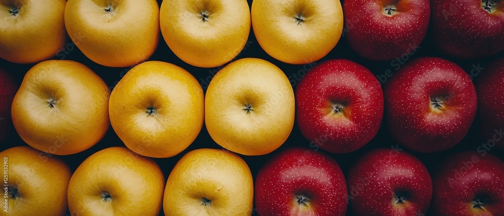 Close-Up Photograph of Vibrant Yellow and Red Apples Beautifully Arranged in Neat Rows for Freshness and Colorful Display Close-Up Photograph of Vibrant Yellow and Red Apples Beautifully Arranged in Neat Rows for Freshness and Colorful Display