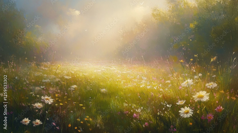 Naklejka premium Sunlit meadow wildflowers, misty morning, scenic landscape, peaceful nature