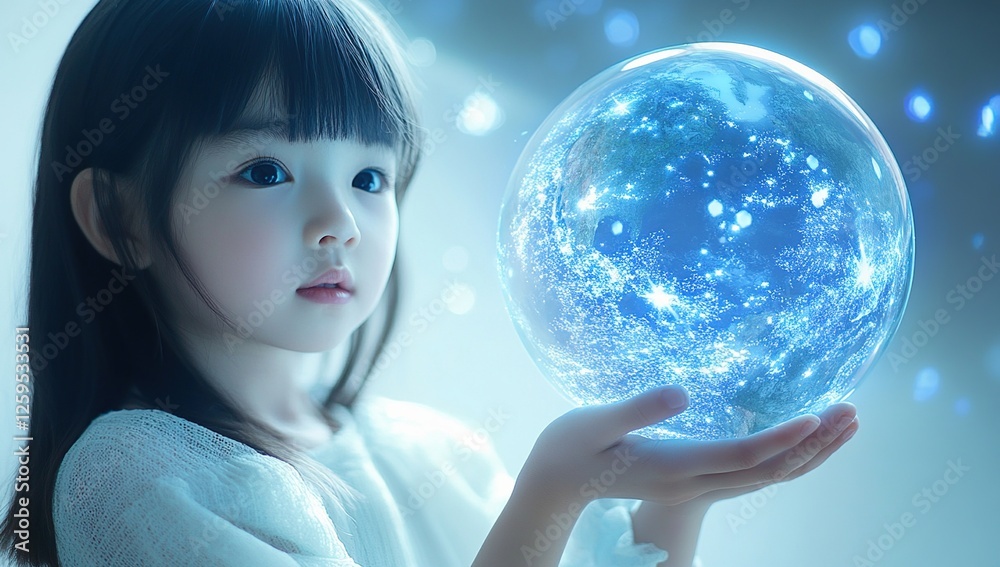 Naklejka premium Child Holds Glowing Earth Globe, Future Hope, Protecting Our Planet, Environmental Responsibility, Global Sustainability