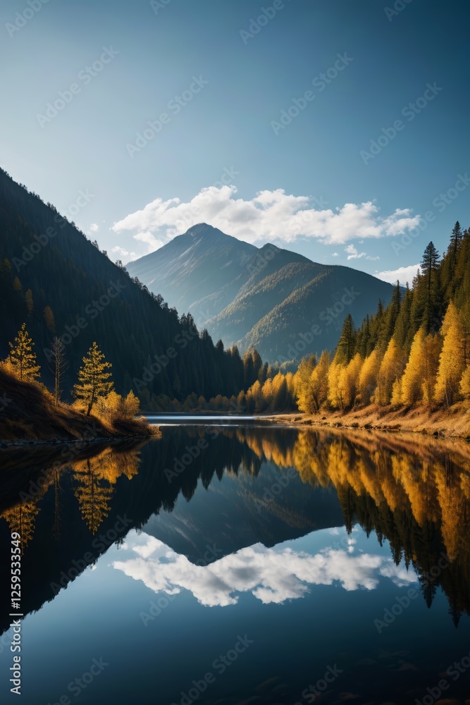 Obraz premium trees are reflected in the still water of a lake in the mountains