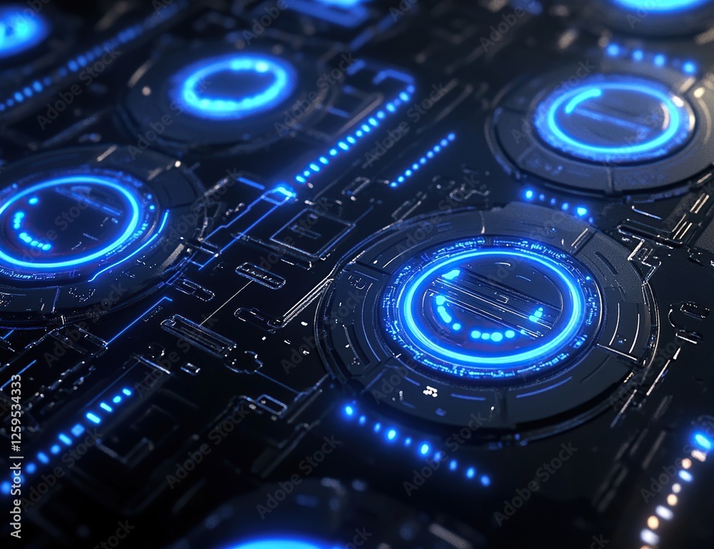 Obraz premium Futuristic Technology: Glowing Circuits and Panels Displaying Data with Neon Blue Lights in a Dark Setting.
