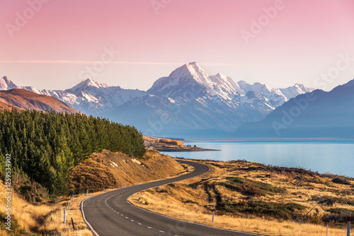 Winding road leading to Mt Cook at sunset, Canterbury, New Zealand photo