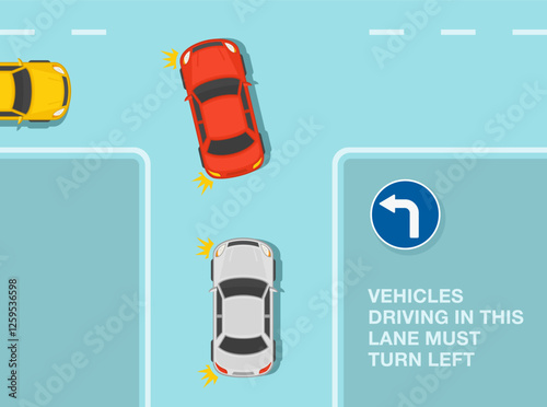 Safe driving tips and traffic regulation rules. European "Turn left only" road sign meaning. Traffic flow turns left in t-intersection. Top view. Flat vector illustration template.