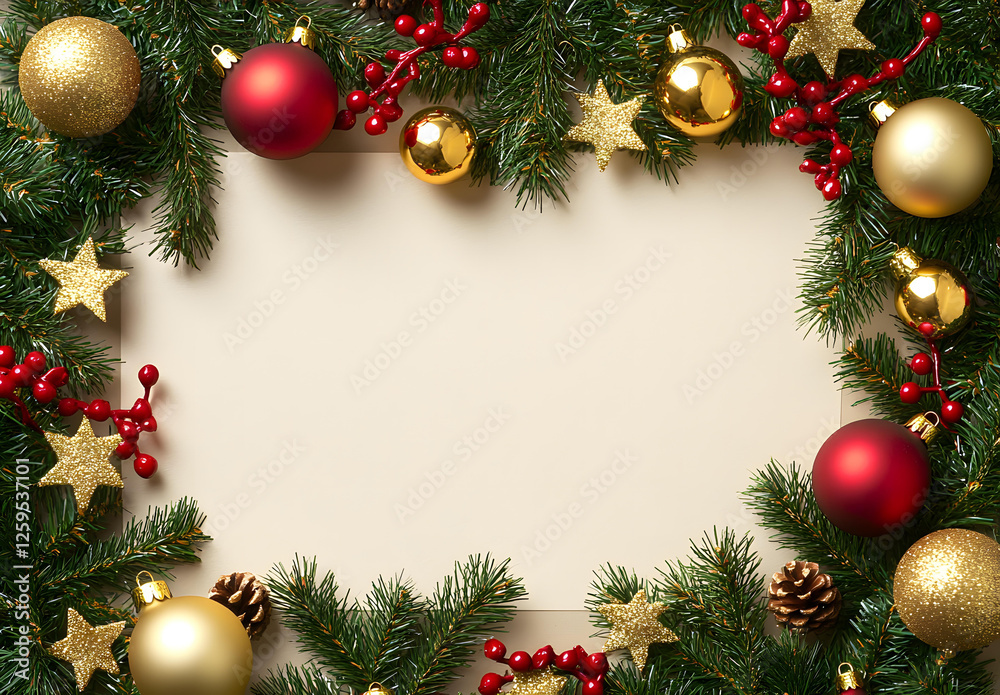 Christmas Festive Background with Blank Card Fir Branches Ornaments and Berries Christmas Festive Background with Blank Card Fir Branches Ornaments and Berries