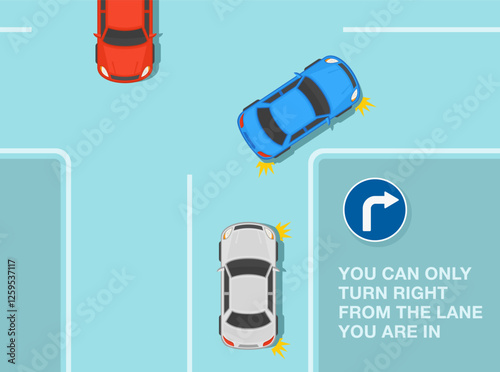 Safe driving tips and traffic regulation rules. European "Turn right only" road sign meaning. Traffic flow turns right in intersection. Top view. Flat vector illustration template.