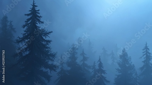 Serene Misty Forest at Dusk with Tall Evergreen Trees and Enigmatic Blue Ambient Light