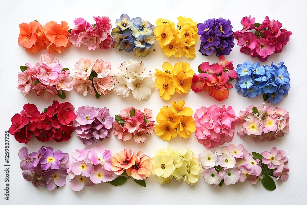 Vibrant Rainbow of Blossoms: Colorful Flowers in Full Bloom, Arranged in a Stunning Display Vibrant Rainbow of Blossoms: Colorful Flowers in Full Bloom, Arranged in a Stunning Display