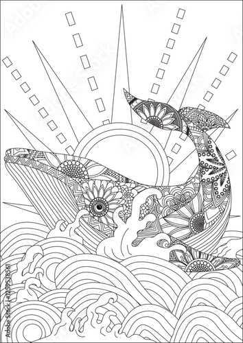 Whale in waves adult coloring page outline art