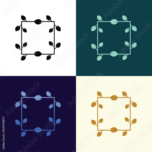 Simple geometric nature  frame. Square border or decorative icon with plant branches or leaves. Design element for logo and branding. Cartoon linear vector illustration isolated 