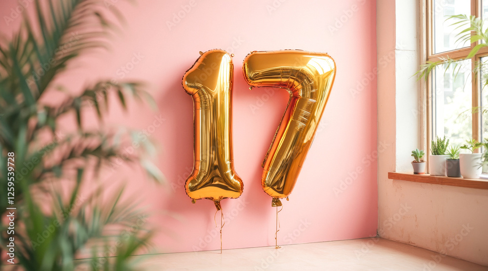 Fototapeta premium two gold number 17 balloons against a pink wall