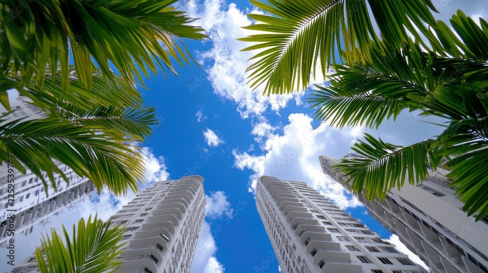 Fototapeta premium Tropical Cityscape Palm Trees and Modern Highrises Under a Blue Sky