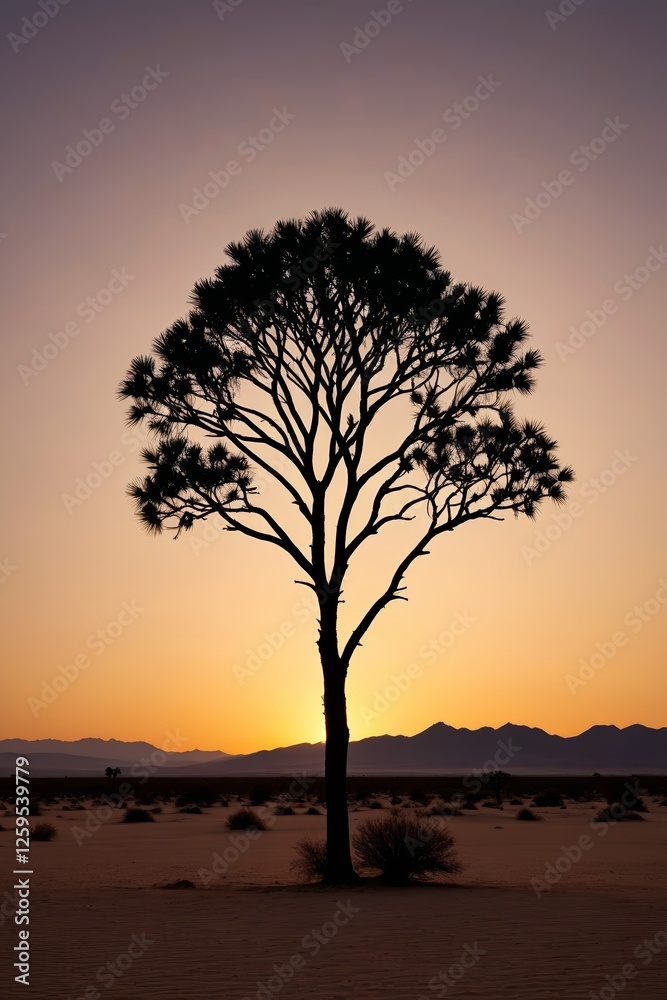 Fototapeta premium arafed tree in the desert at sunset with mountains in the background